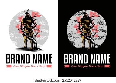 simple moderno Samurai ronin Japón sakura diseño de logotipo de Ilustración vectorial de flores