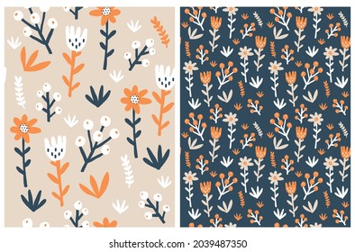 Simple Modern Scandi Botanic Print. Cute Floral Seamless Vector Patterns. Infantile Style Hand Drawn Flowers and Twigs Isolated on a Light Brown and Dark Blue Background. Abstract Garden Design.