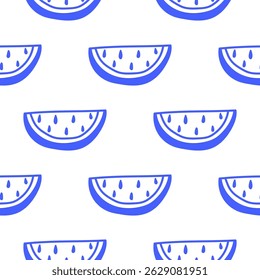 A simple modern seamless pattern with blue slices of watermelon. Cute summer line art print.
