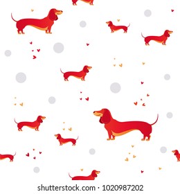 Simple modern Seamless pattern with red dog and and heart.  Cartoon pattern. The template for the cover fabric, books. Modern design for the fabric.