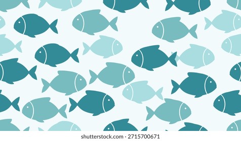 Ein einfaches und modernes, nahtloses Muster aus stilisierten Fischsilhouetten, die in verschiedenen Blau- und Grüntönen zusammenschwimmen.