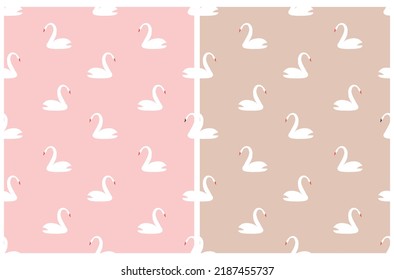 Simple Modern Seamless Vector Pattern with White Swan with Red Beak Isolated on a Pastel Pink and Beige Background. Lovely Hand Drawn Print with White Bird ideal for Fabric, Textile, Wrapping Paper.
