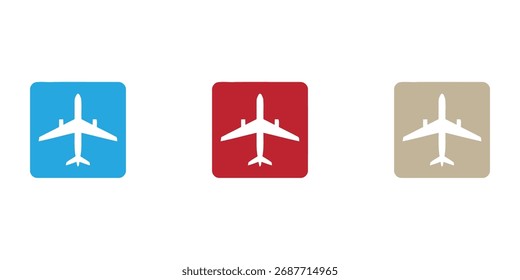 Simple, modern set of square airplane icons in various colors, ideal for website buttons, application interfaces (UI), or maps to denote an airport or flight option.
