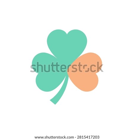 A simple modern shamrock design featuring heart-shaped leaves in a teal and peach color palette against clean white backdrop. Ideal for St. Patrick's Day promotions or themes of good fortune and affection.