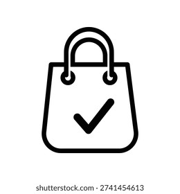 Simple, modern shopping bag icon with check mark, symbolizing approval or purchase, in black outline on a white background.