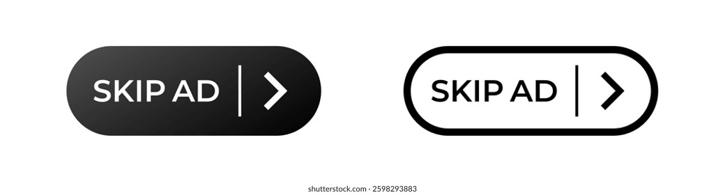 Simple and modern skip ad buttons with text and arrow symbol for user interface design and applications.