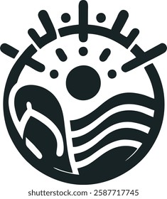 A simple and modern Spring Break logo with a pair of flip-flops, waves, and a sun icon in black