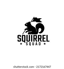 simple and modern squirrel logo, squirrel holding flag illustration, soccer team logo design concept