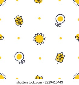 Simple, modern style seamless pattern of plants and sunflowers. Outline minimalistic colorful design background. Cartoon flat botanical design illustration. Horticulturist plant growing and breeding