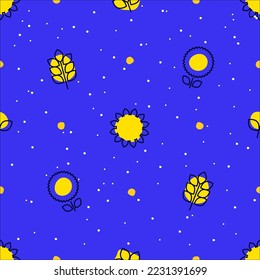 Simple, modern style seamless pattern of plants and sunflowers. Outline minimalistic colorful design background. Cartoon flat botanical design illustration. Dotted elements against black background