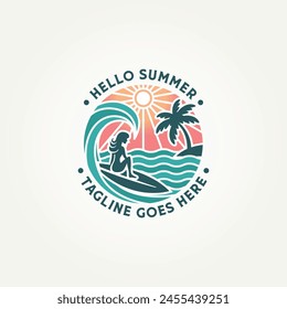 simple modern summer surf label logo vector illustration design. simple modern woman surfing on the waves logo concept