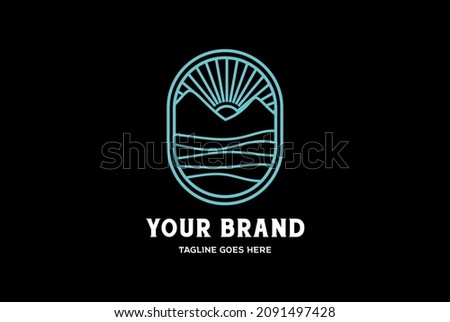 Simple Modern Sunrise Sunset with Mountain Island and Lake River Sea Badge Emblem for Travel Adventure Logo Design