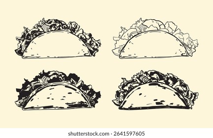 Simple and modern taco line art bundle with different taco types and fillings. Great for branding, menu icons, stickers, and food-inspired creative projects.