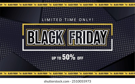 Simple modern tape ribbon black friday promotion sale with black halftone background. Vector illustration.