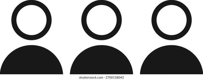 Simples e moderna, esta imagem mostra três ícones de pessoas minimalistas projetados com linhas limpas e uma cabeça circular; ideal para ilustrar o trabalho em equipe, a unidade e as conexões sociais.