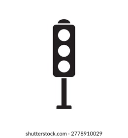 A simple, modern traffic light icon featuring three circular signal lights in a vertical arrangement, rendered in solid black and white. The design is clean, flat, and lacks shading or gradients, moun.