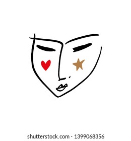 Simple modern trendy line sketch art face. Portrait print for clothes, textile and other. Vector illustration, EPS format