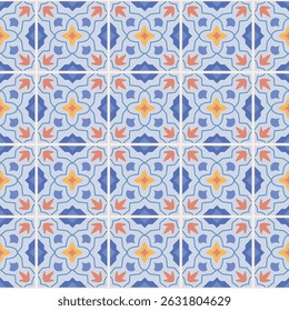 Patrón sin fisuras de azulejos turcos modernos simples. Diseño floral azul Vector lindo para cerámica, tela, papel, paquete.