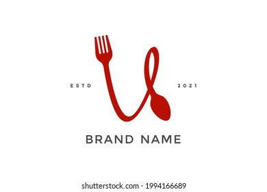 Simple, Modern and Unique illustration logo design initial V combine with fork and spoon. Logo recommended for business related Beverages, Restaurant, Cafe and Food.