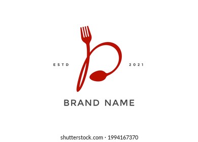 Simple, Modern and Unique illustration logo design initial P combine with fork and spoon. Logo recommended for business related Beverages, Restaurant, Cafe and Food.