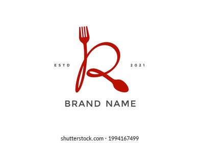 Simple, Modern and Unique illustration logo design initial R combine with fork and spoon. Logo recommended for business related Beverages, Restaurant, Cafe and Food.