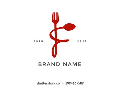 Simple, Modern And Unique Illustration Logo Design Initial F Combine With Fork And Spoon. Logo Recommended For Business Related Beverages, Restaurant, Cafe And Food.