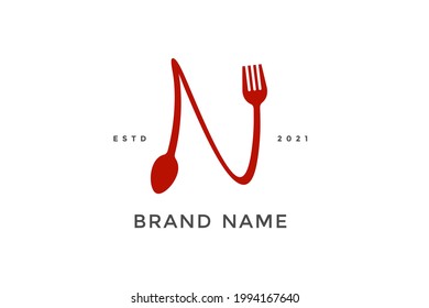 Simple, Modern and Unique illustration logo design initial N combine with fork and spoon. Logo recommended for business related Beverages, Restaurant, Cafe and Food.