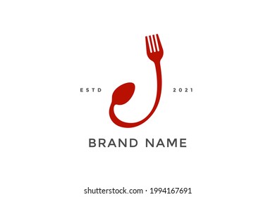 Simple, Modern and Unique illustration logo design initial J combine with fork and spoon. Logo recommended for business related Beverages, Restaurant, Cafe and Food.