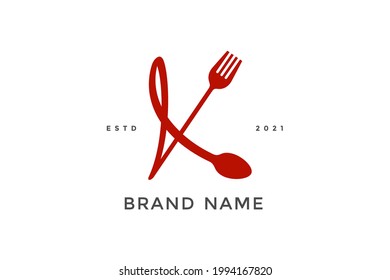 Simple, Modern and Unique illustration logo design initial K combine with fork and spoon. Logo recommended for business related Beverages, Restaurant, Cafe and Food.