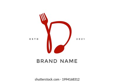 Simple, Modern and Unique illustration logo design initial D combine with fork and spoon. Logo recommended for business related Beverages, Restaurant, Cafe and Food.