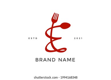 Simple, Modern and Unique illustration logo design initial E combine with fork and spoon. Logo recommended for business related Beverages, Restaurant, Cafe and Food.