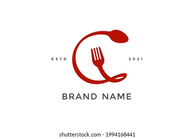 Simple, Modern and Unique illustration logo design initial C combine with fork and spoon. Logo recommended for business related Beverages, Restaurant, Cafe and Food.