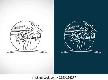 Simple modern Unique tropical beach line art logo design vector illustration