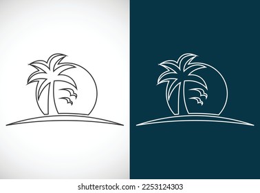 Simple modern Unique tropical beach line art logo design vector illustration