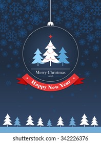 Simple, modern vector Christmas card with christmas tree and Landscape