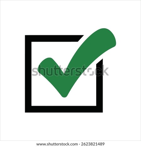 A simple, modern vector graphic features a green check mark icon enclosed within a bold black square, set against a clean white background.