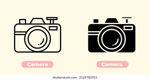 Simple and modern vector icon of a camera, featuring a sleek, minimalistic design with clean lines and a flat style. The icon represents photography, capturing moments, and media creation.