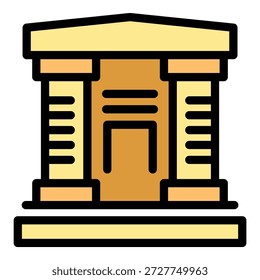 Simple and modern vector illustration of a bank building facade with columns and entrance, in yellow and orange colors