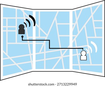 Einfache und moderne Vektorgrafik eines gefalteten Stadtplans, der eine Verbindungsroute zwischen zwei Benutzersymbolen zeigt, die drahtlose Signale austauschen.