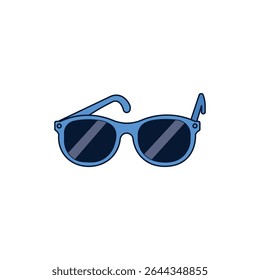 Simple and modern vector illustration of a pair of blue sunglasses with dark lenses. This icon symbolizes summer fashion, vacation, and leisure. Ideal for travel Ideal for travel agencies.