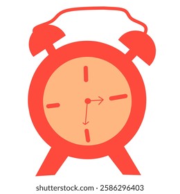 A simple and modern vector illustration of a red alarm clock with a minimalistic design. The clock face shows the time with bold hands, making it perfect for time management, punctuality,