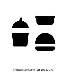 A simple and modern vector illustration showcasing a burger, a drink cup, and a container of fries. The flat design emphasizes the shapes and outlines, suitable for food related themes.