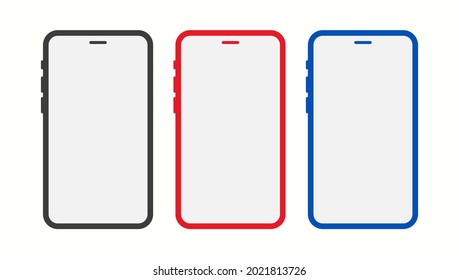 Simple modern vector illustration smartphone mockup set with three black, red, and blue colors theme. Cellphone display front view.