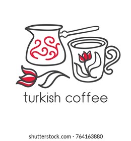 Simple modern vector illustration of turkish symbols: traditional coffee pot, decorated cup and tulip. Hand drawn doodle elements for minimalistic label, logo, badge or card design for cafe or bakery.