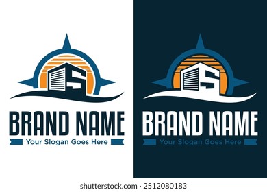 simple modern Warehouse industry with storage buildings compass vector illustration logo design