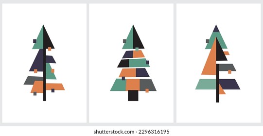 Simple Modern Winter Holidays Vector Illustration with Christmas Trees made od Triangles and Squares. Minimalist Cubism Style Christmas Cards. Geometric Style Spruce Trees on a White Background.