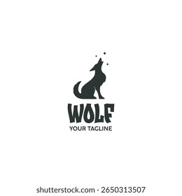 Um logotipo de lobo simples e moderno com uma silhueta limpa e ousada de um lobo uivando com estrelas. Perfeito para marcas que querem uma identidade forte, selvagem e profissional.