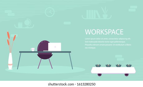 Simple modern workspace with blank space for text. Minimalistic style office space for freelance or coworking lifestyle. Flat vector illustration.