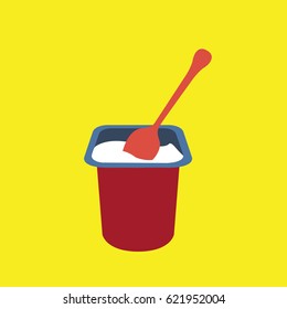 simple a modern yogurt or pudding in open plastic cup and one spoon in it, yogurt with fruit, illustration isolated on yellow background & baby food