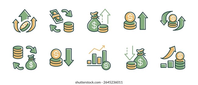 simples dinheiro seta ícone linha definir dólar billfold e pilha de moedas com seta para cima e para baixo sinais vetor negócio lucro financeiro crescimento sucesso símbolo de investimento ilustração para web e app